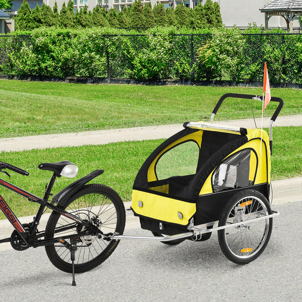 Reboque de Bicicleta 2 EM 1 para crianças de 2 lugares com Amortecedores Convertível em carrinho com barra e kit de corrida 129x85x105cm Amarelo