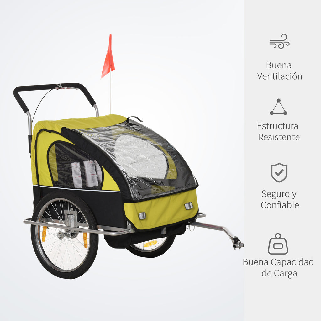 Reboque de Bicicleta 2 EM 1 para crianças de 2 lugares com Amortecedores Convertível em carrinho com barra e kit de corrida 129x85x105cm Amarelo