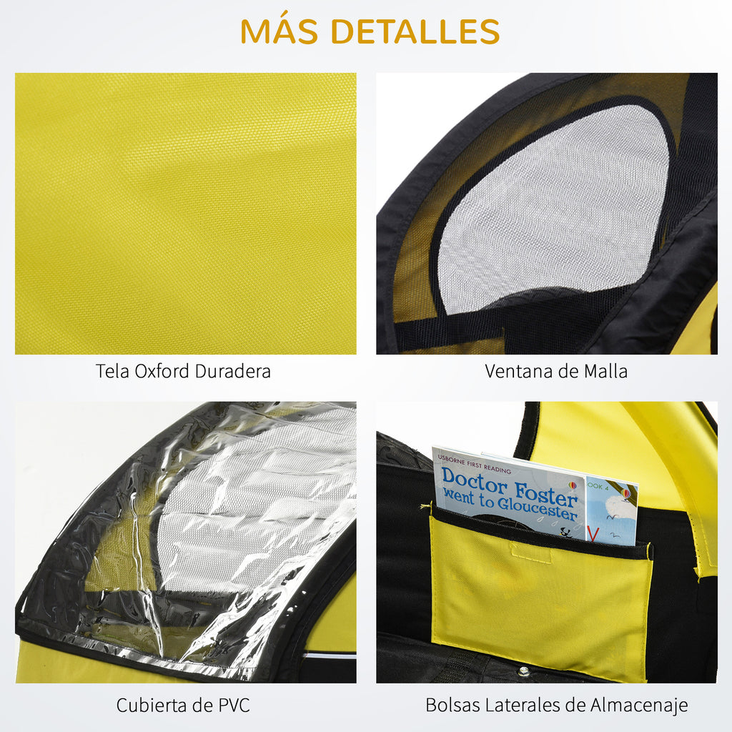 Reboque de Bicicleta 2 EM 1 para crianças de 2 lugares com Amortecedores Convertível em carrinho com barra e kit de corrida 129x85x105cm Amarelo