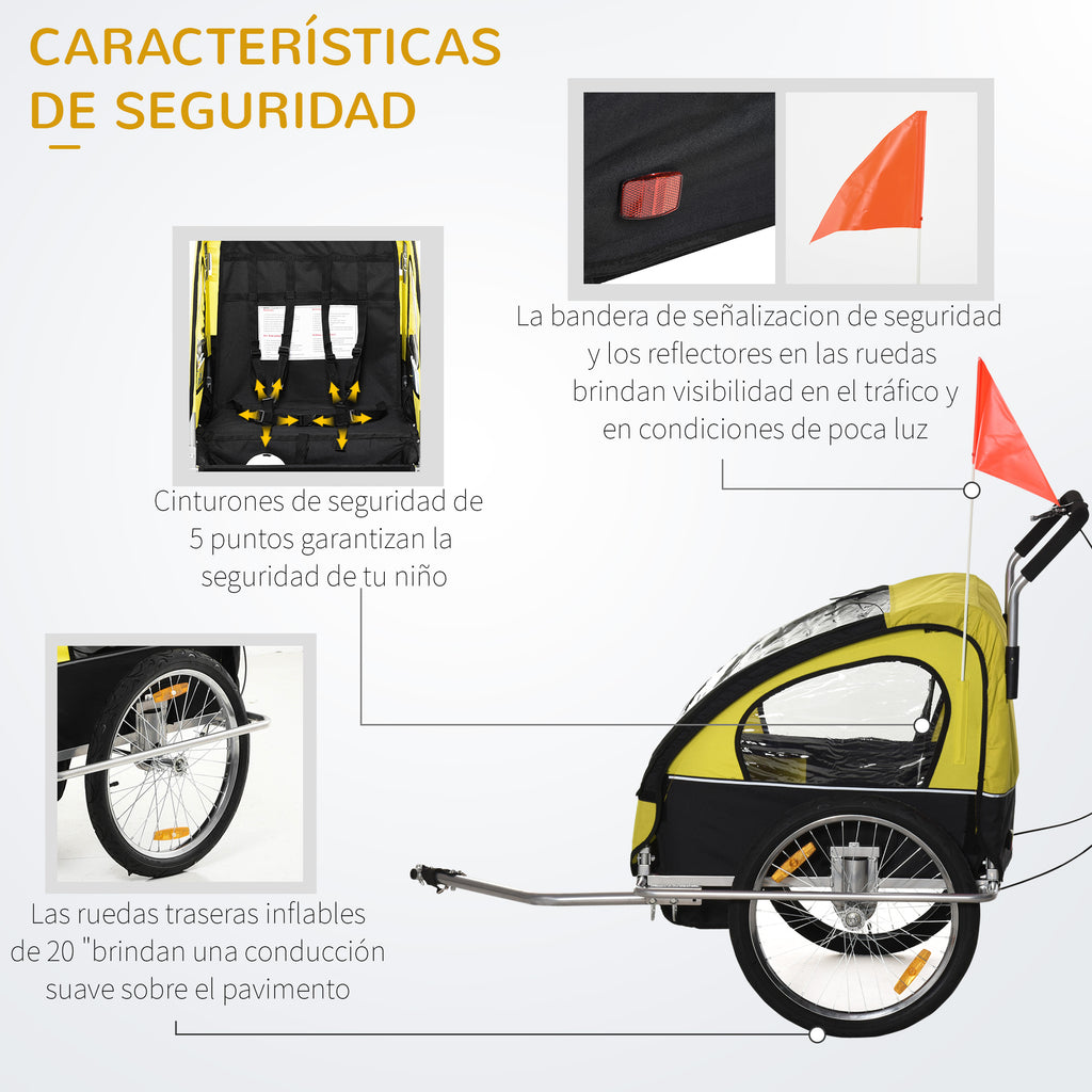 Reboque de Bicicleta 2 EM 1 para crianças de 2 lugares com Amortecedores Convertível em carrinho com barra e kit de corrida 129x85x105cm Amarelo