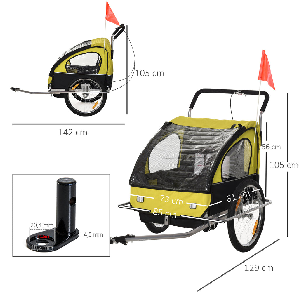 Reboque de Bicicleta 2 EM 1 para crianças de 2 lugares com Amortecedores Convertível em carrinho com barra e kit de corrida 129x85x105cm Amarelo