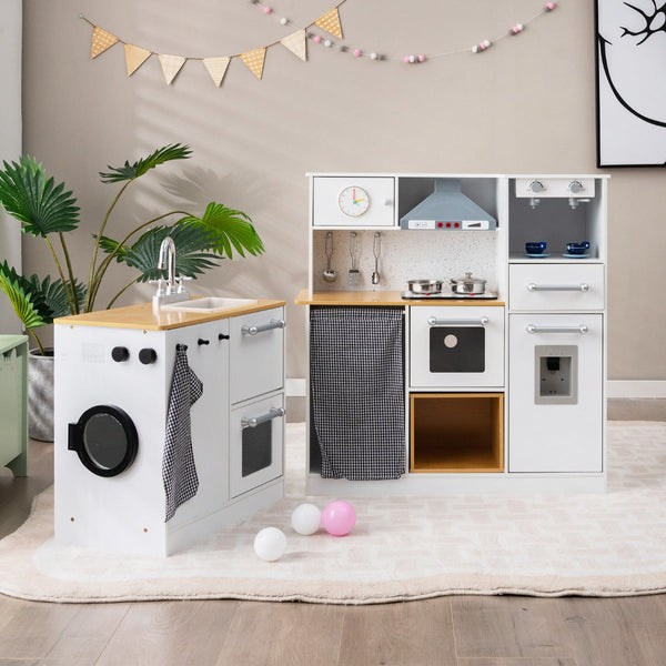 Cozinha de Brincar Infantil Lisboa – 2 em 1 com Luzes, Sons, Máquina de Café, Dispensador e Banco de Arrumação – Branco e Natural