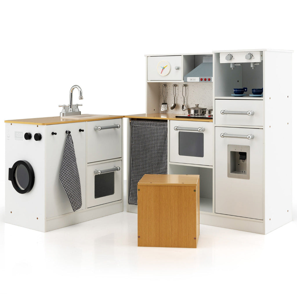 Cozinha de Brincar Infantil Lisboa – 2 em 1 com Luzes, Sons, Máquina de Café, Dispensador e Banco de Arrumação – Branco e Natural