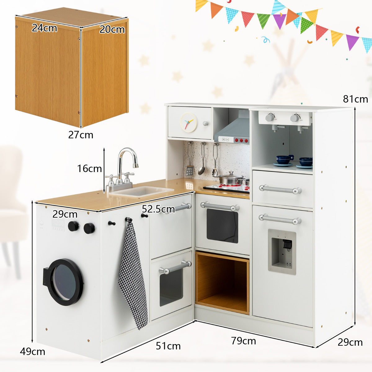 Cozinha de Brincar Infantil Lisboa – 2 em 1 com Luzes, Sons, Máquina de Café, Dispensador e Banco de Arrumação – Branco e Natural
