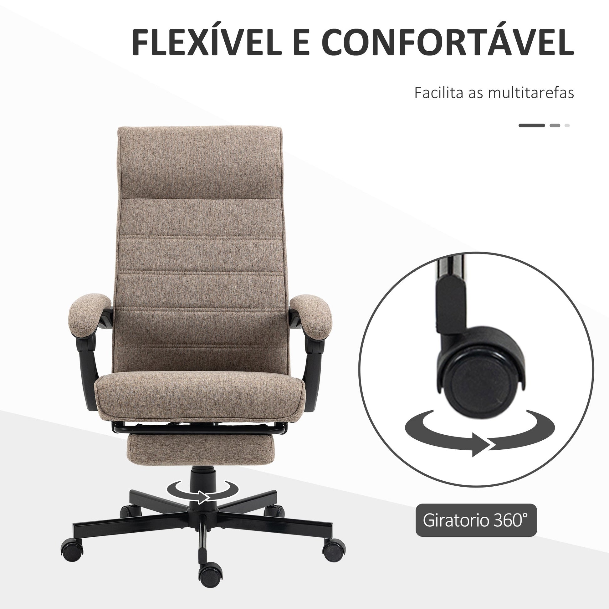 Cadeira de Escritório Giratória Cadeira de Escritório Reclinável com Altura Ajustável Apoio para os Braços Apoio para os Pés Retrátil para Sala de Estar Escritório Estúdio Carga 20kg 68x67x106-114cm Marrom