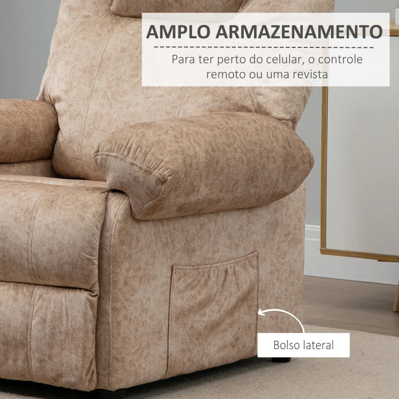 Poltrona Relax Reclinável Poltrona para Sala de Estar com Apoio para os Pés Retrátil Encosto Alto Bolso Lateral Acolchoado Grosso 88x91x108 cm Bege