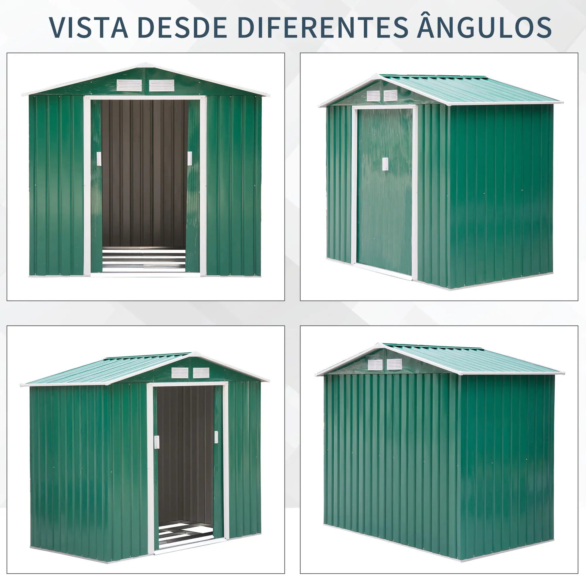 Abrigo de Jardim 213x130x185cm Abrigo de Jardim Metálico de Exterior para Armazenamento de Ferramentas com 2 Portas Deslizantes e 4 Janelas para Terraço Verde