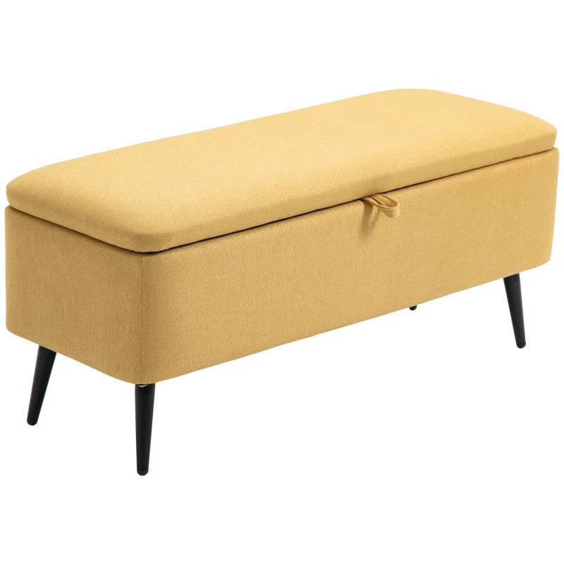 Banco de Armazenamento Estofado em Linho com Tampa Abatível e Pés de Aço para Dormitório Sala de Estar Entrada Carga Máxima 150kg 101x38,5x44,5 cm Amarelo