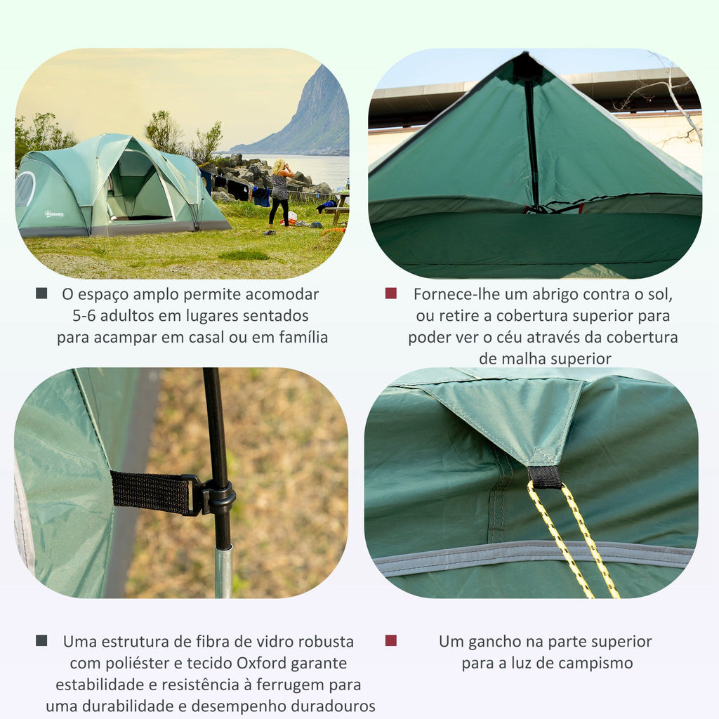 Tenda de Campismo para 4-5 Pessoas Impermeável 3000mm+ Anti UV com Bolsa de Transporte e Gancho para Luz 455x230x180cm Verde