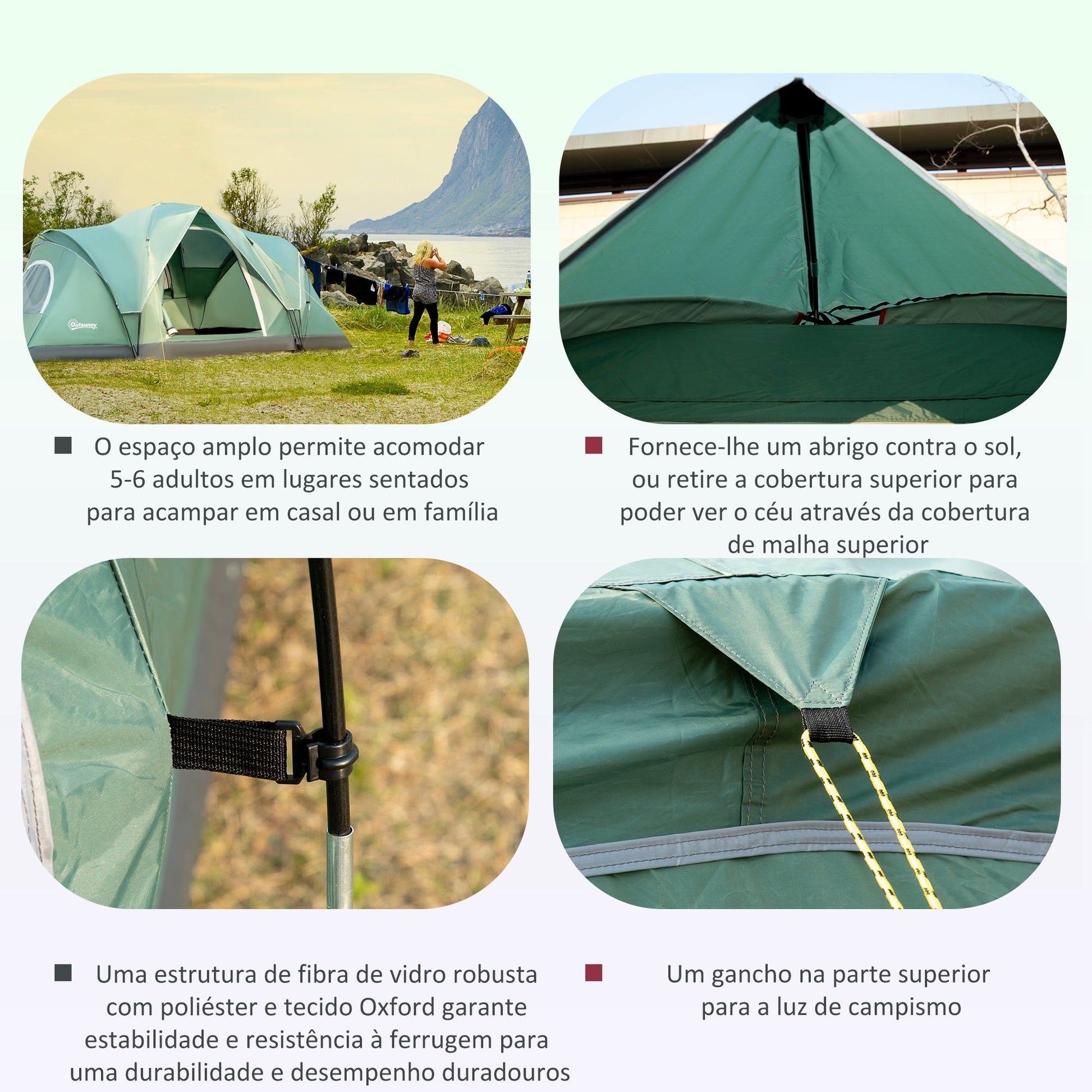 Tenda de Campismo para 4-5 Pessoas Impermeável 3000mm+ Anti UV com Bolsa de Transporte e Gancho para Luz 455x230x180cm Verde