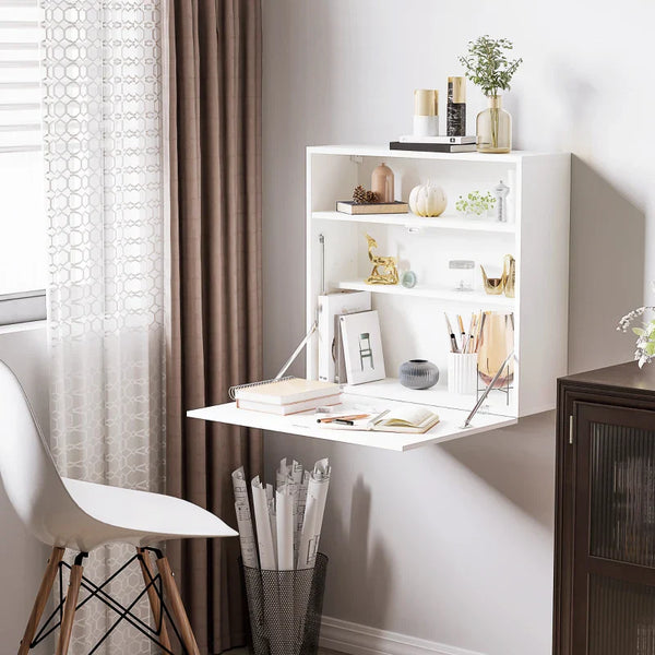 Secretária de Parede Moderna Mesa Dobrável de Parede Multifuncional com Prateleiras de Armazenamento Carga 40 kg para Dormitório Sala de Estar Escritório 64x20x60 cm Branco