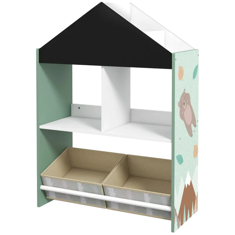 Estante para Brinquedos Organizador Infantil com Prateleiras Abertas e 2 Caixas de Tecido não Tecido Amovíveis para Sala de Jogos Dormitório Escola Infantil 62,4x26,5x90 cm Verde