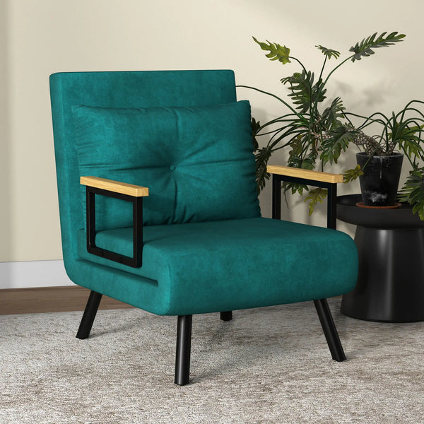 Poltrona Convertível em Cama Dobrável Poltrona Convertível em Cama com Encosto Ajustável em 5 Níveis e Almofada Acolchoada para Escritório Dormitório Sala de Estar Carga 120 kg 63x73x81 cm Verde