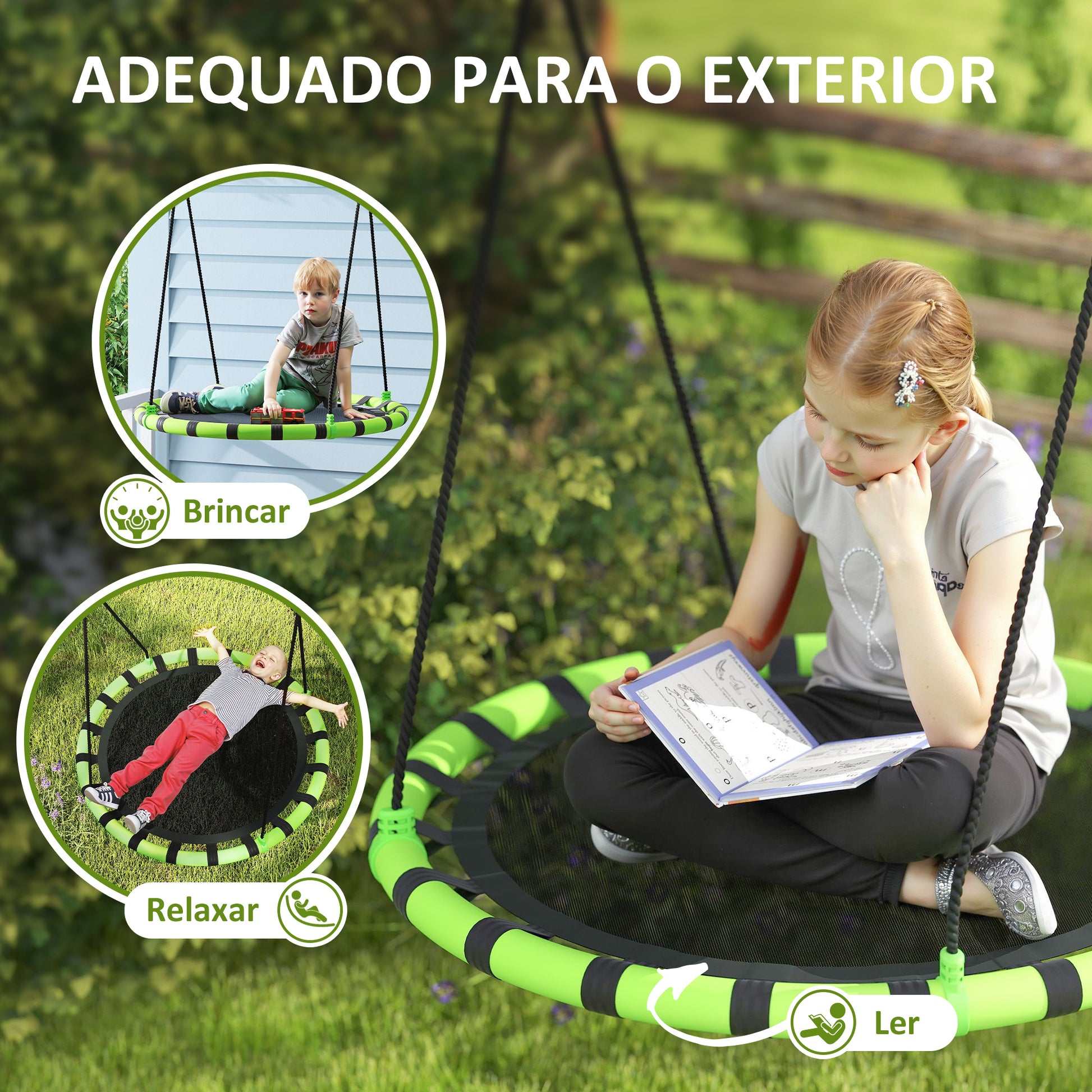AIYAPLAY Baloiço para Crianças Redondo Baloiço de Jardim Infantil Ajustável Baloiço de Exterior para Crianças Impermeável Carga 150kg Ø100x180 cm Preto e Verde