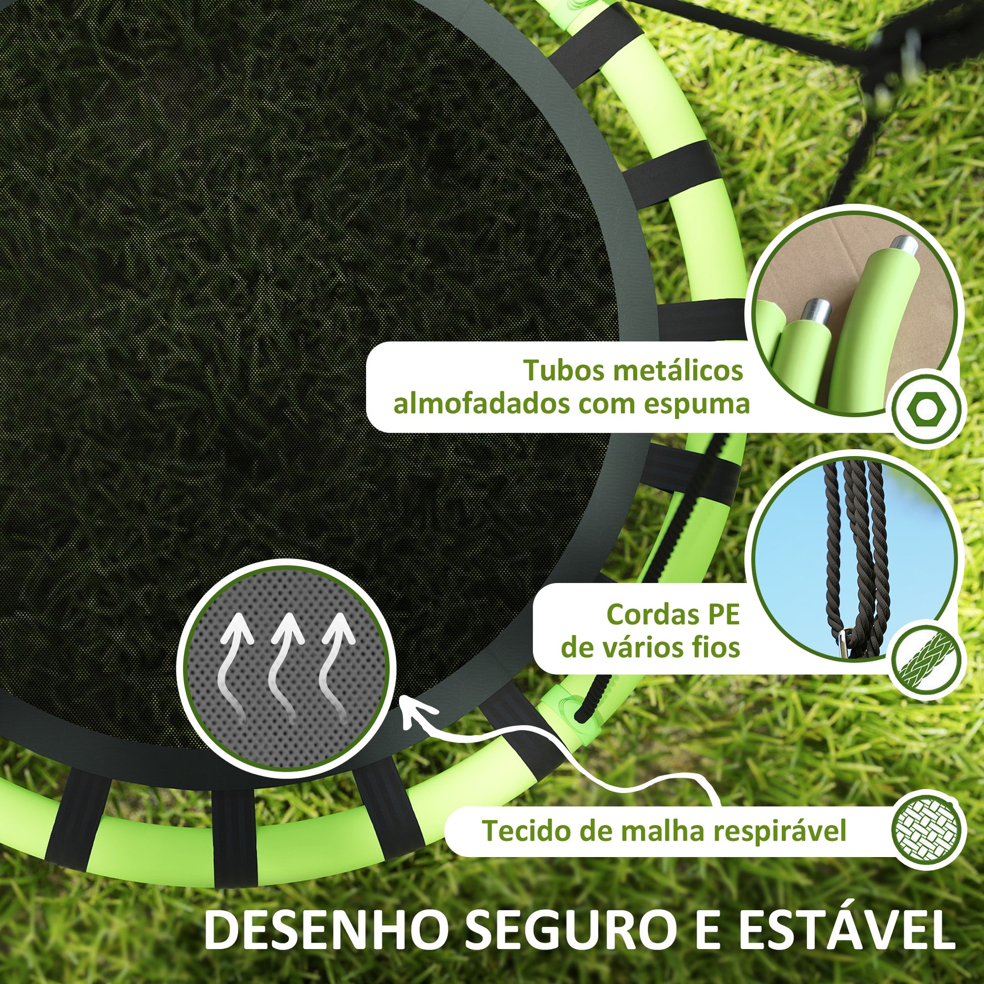 AIYAPLAY Baloiço para Crianças Redondo Baloiço de Jardim Infantil Ajustável Baloiço de Exterior para Crianças Impermeável Carga 150kg Ø100x180 cm Preto e Verde