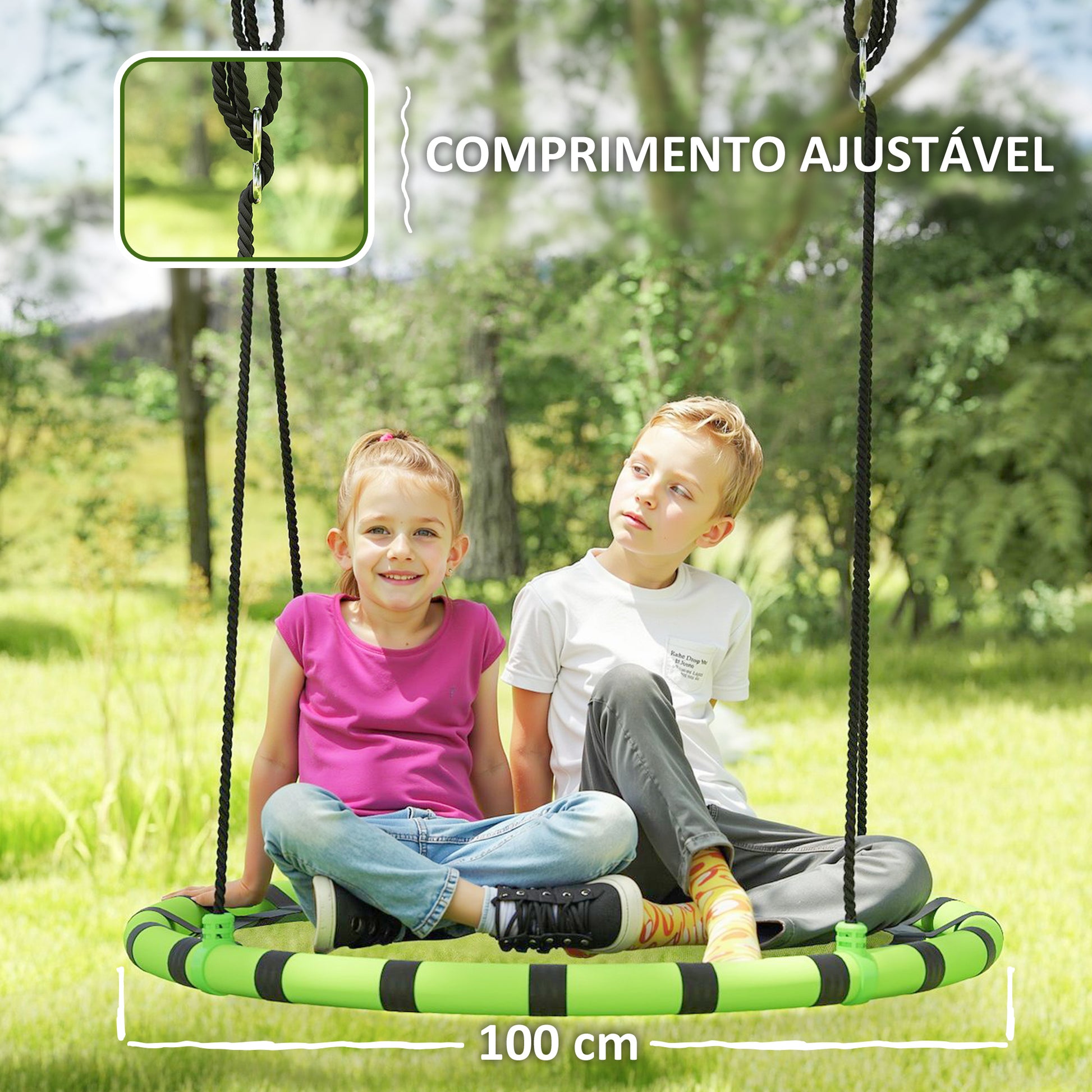 AIYAPLAY Baloiço para Crianças Redondo Baloiço de Jardim Infantil Ajustável Baloiço de Exterior para Crianças Impermeável Carga 150kg Ø100x180 cm Preto e Verde