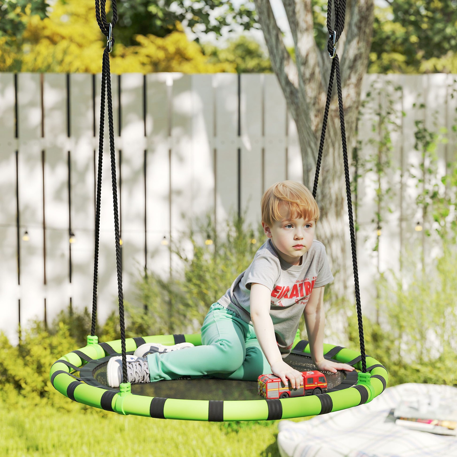 AIYAPLAY Baloiço para Crianças Redondo Baloiço de Jardim Infantil Ajustável Baloiço de Exterior para Crianças Impermeável Carga 150kg Ø100x180 cm Preto e Verde