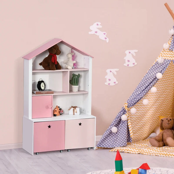 Estante de Madeira Infantil Estante de Livros para Crianças com 4 Compartimentos 1 Porta e 2 Gavetas Removíveis com Rodas para Livros Brinquedos 80x34x130cm Rosa e Branco