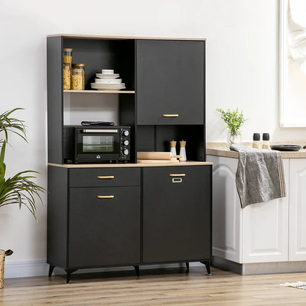 Armário de Cozinha Aparador de Sala de Jantar com 1 Gaveta 3 Portas e Armazenamento Aberto Móvel Auxiliar para Microondas de Estilo Moderno 119x41x180cm Preto