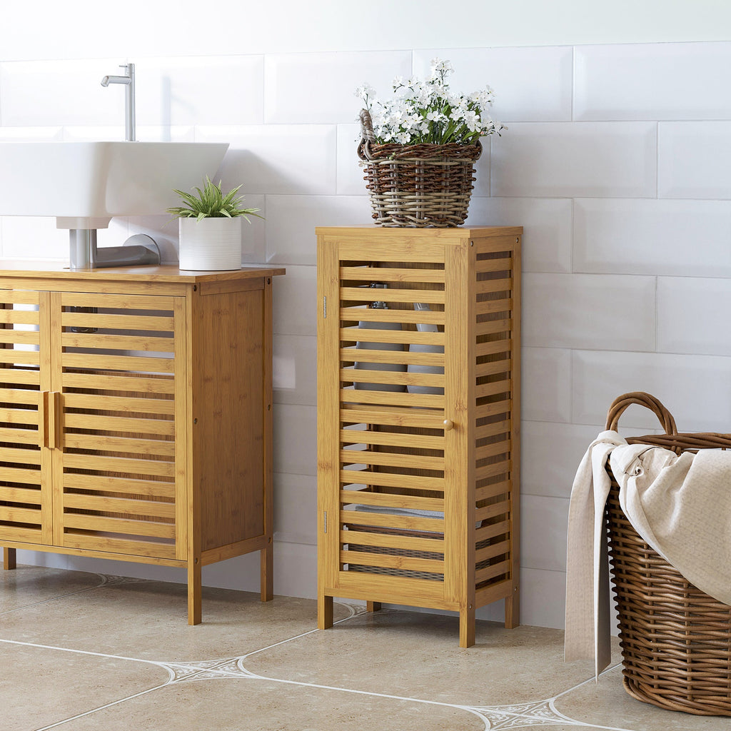 kleankin Armário Auxiliar Casa de Banho de Bambu Armário Casa de Banho com Prateleiras Ajustáveis Móvel de Armazenamento para Cozinha Anti - Tombo 30x19,9x70 cm Madeira - A minha loja