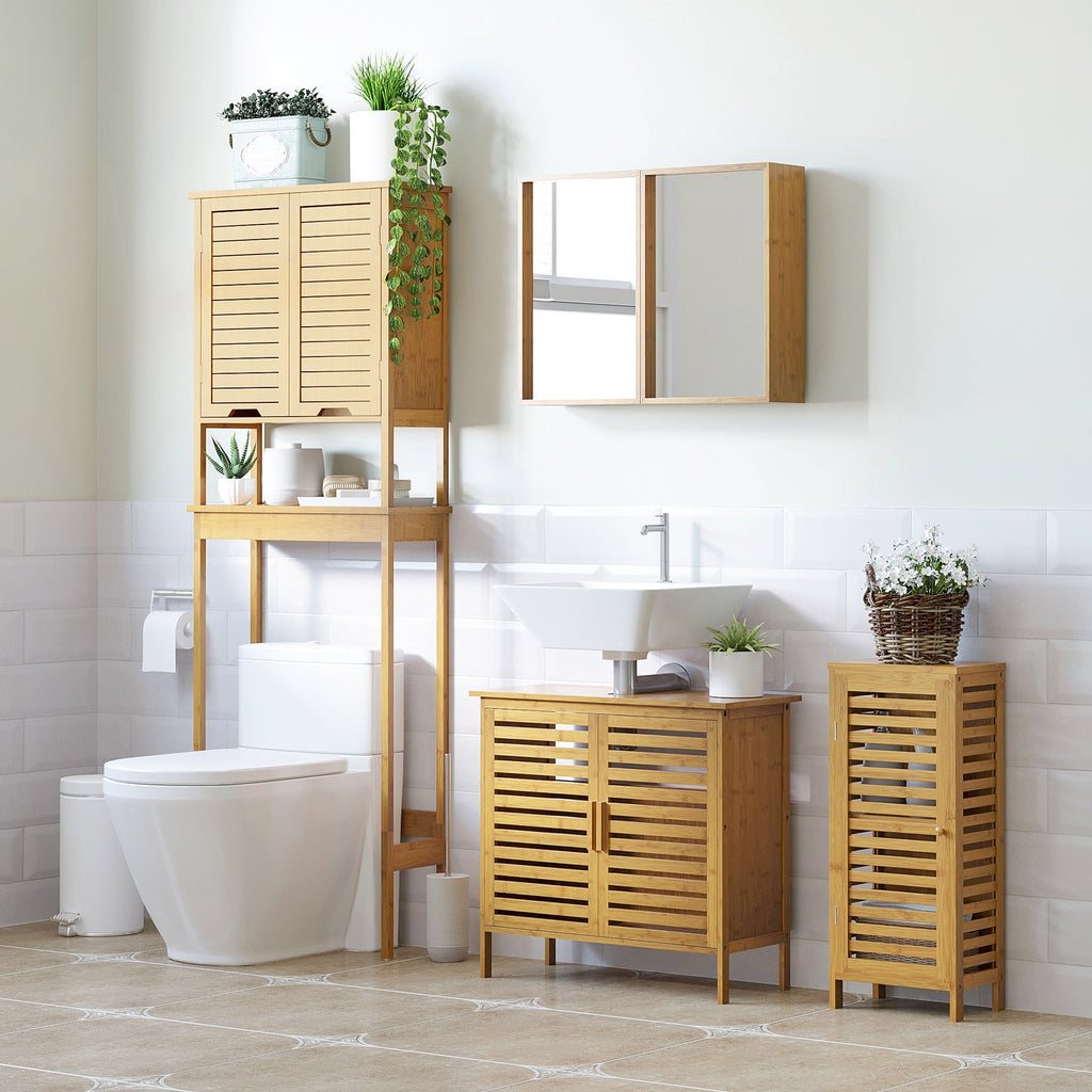 kleankin Armário Auxiliar Casa de Banho de Bambu Armário Casa de Banho com Prateleiras Ajustáveis Móvel de Armazenamento para Cozinha Anti - Tombo 30x19,9x70 cm Madeira - A minha loja