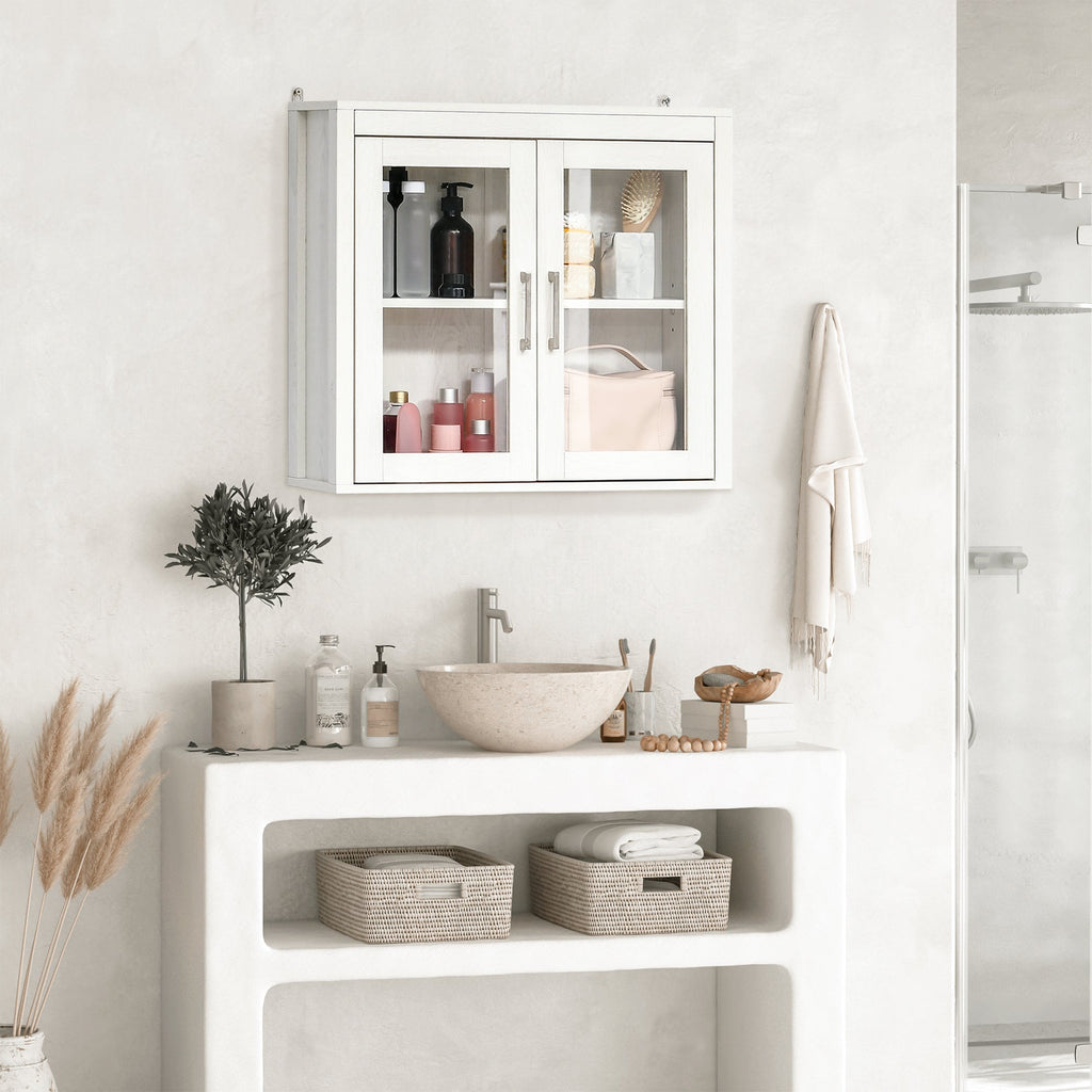 kleankin Armário Casa de Banho de Parede com 2 Portas de Vidro e Prateleira Ajustável Móvel Suspenso de Casa de Banho para Cozinha Dormitório Estilo Moderno 60x19,5x54cm Branco - A minha loja