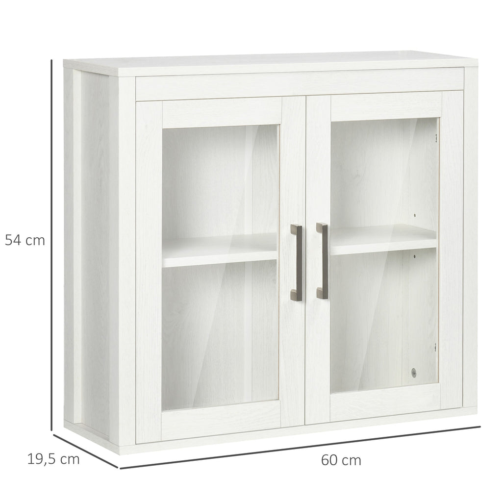 kleankin Armário Casa de Banho de Parede com 2 Portas de Vidro e Prateleira Ajustável Móvel Suspenso de Casa de Banho para Cozinha Dormitório Estilo Moderno 60x19,5x54cm Branco - A minha loja