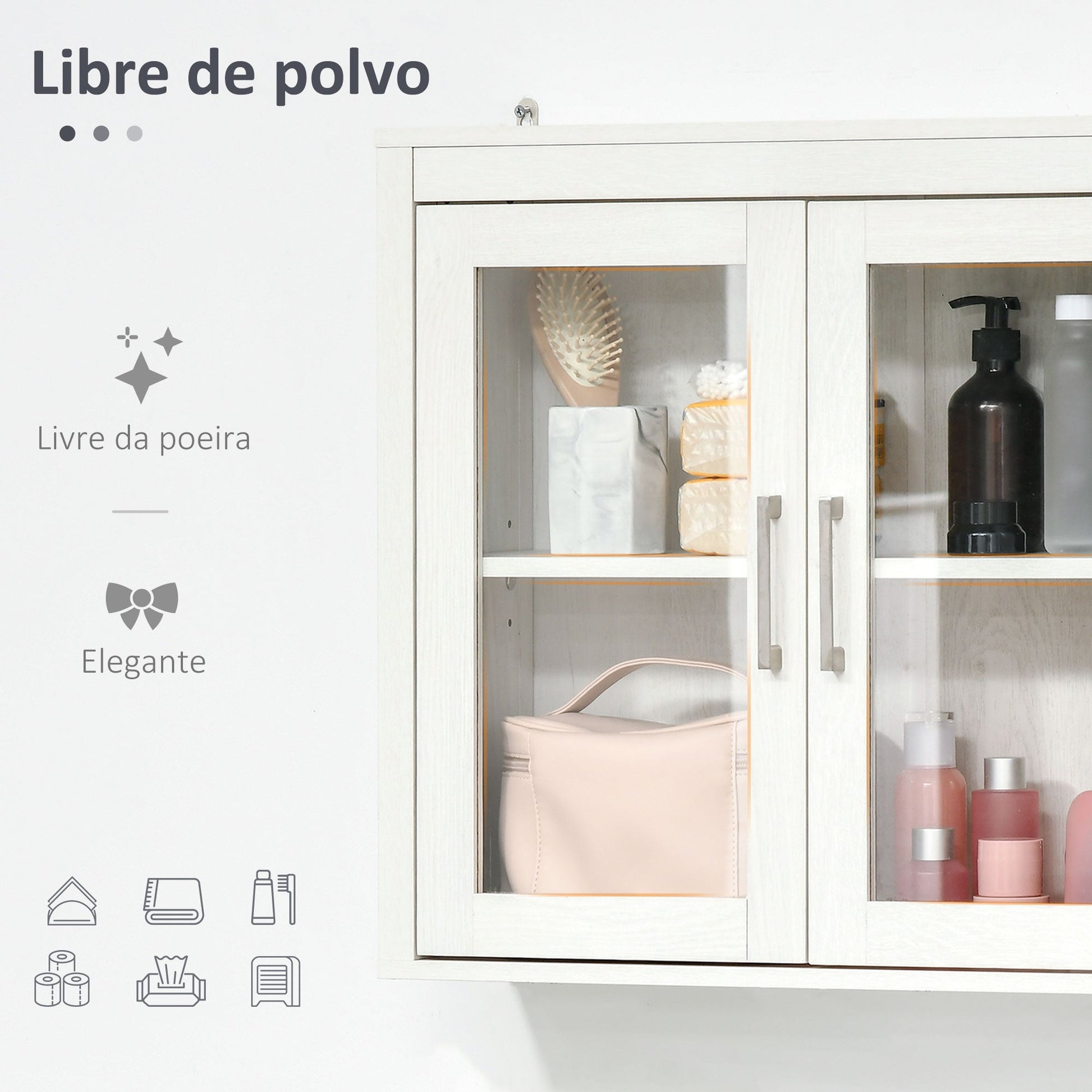 kleankin Armário Casa de Banho de Parede com 2 Portas de Vidro e Prateleira Ajustável Móvel Suspenso de Casa de Banho para Cozinha Dormitório Estilo Moderno 60x19,5x54cm Branco - A minha loja