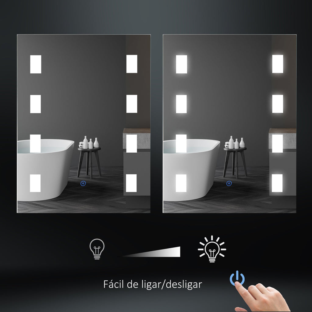 kleankin Espelho Casa de Banho com Luz LED 14,5W 70x50 cm Espelho para Casa de Banho com Função Antiembaciamento Interruptor Tátil e Luzes Branco Frio Prata - A minha loja