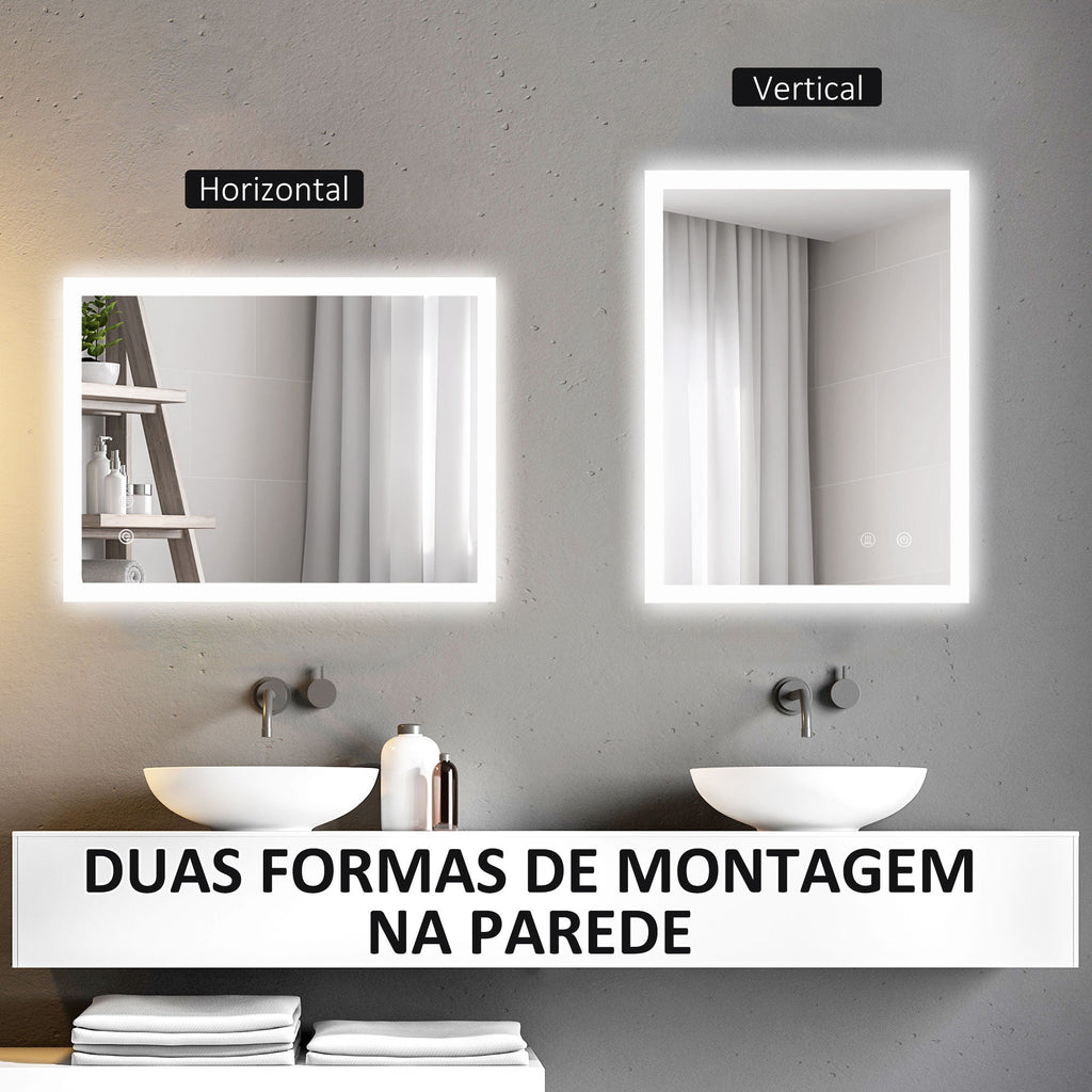 kleankin Espelho Casa de Banho com Luzes LED 70x50 cm Espelho de Parede com Função Antiembaciamento 3 Cores Função de Memória Interruptor Tátil e Classificação IP44 Horizontal ou Vertical Prata - A minha loja