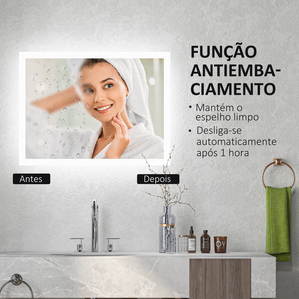 kleankin Espelho Casa de Banho com Luzes LED 70x50 cm Espelho de Parede com Função Antiembaciamento 3 Cores Função de Memória Interruptor Tátil e Classificação IP44 Horizontal ou Vertical Prata - A minha loja