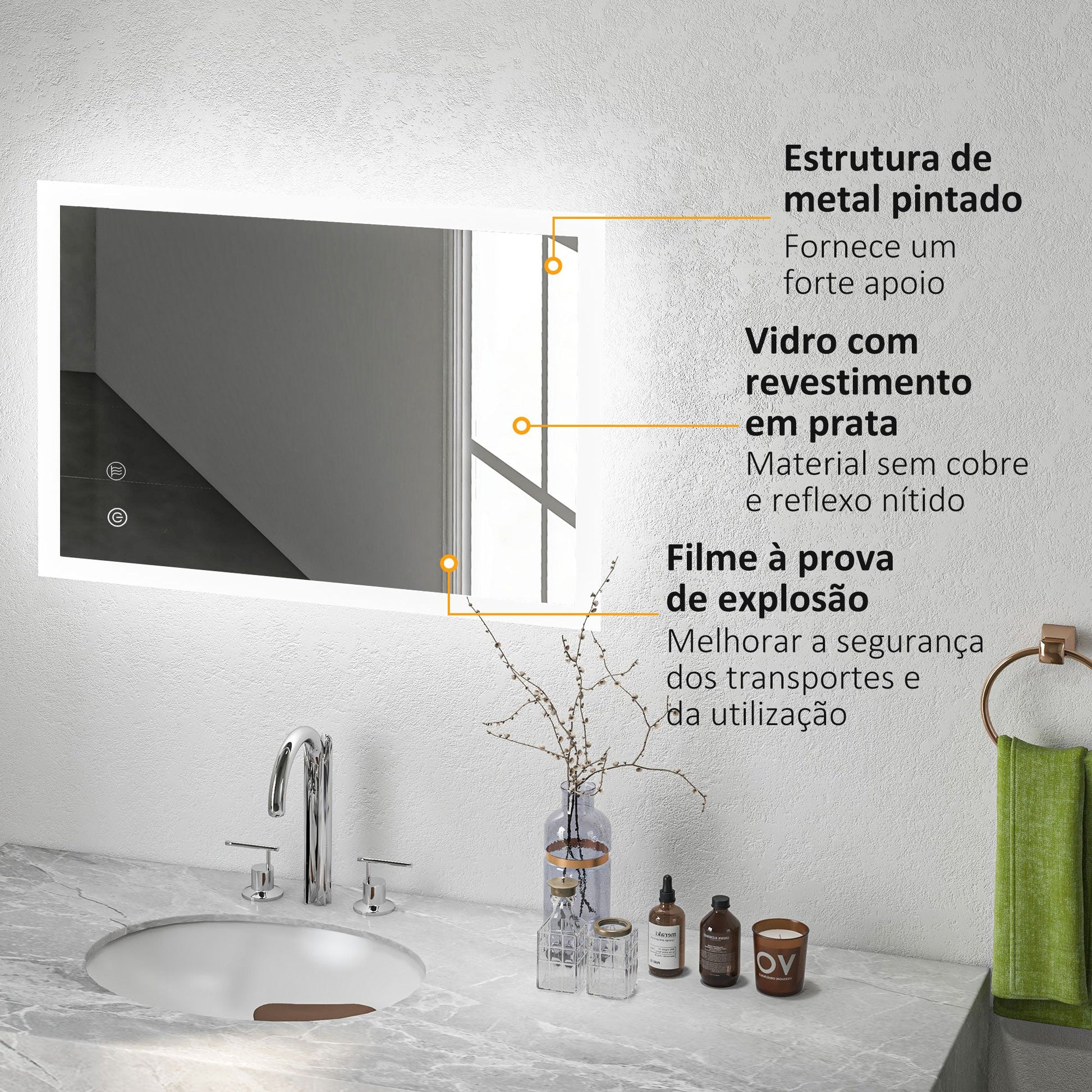 kleankin Espelho Casa de Banho com Luzes LED 70x50 cm Espelho de Parede com Função Antiembaciamento 3 Cores Função de Memória Interruptor Tátil e Classificação IP44 Horizontal ou Vertical Prata - A minha loja