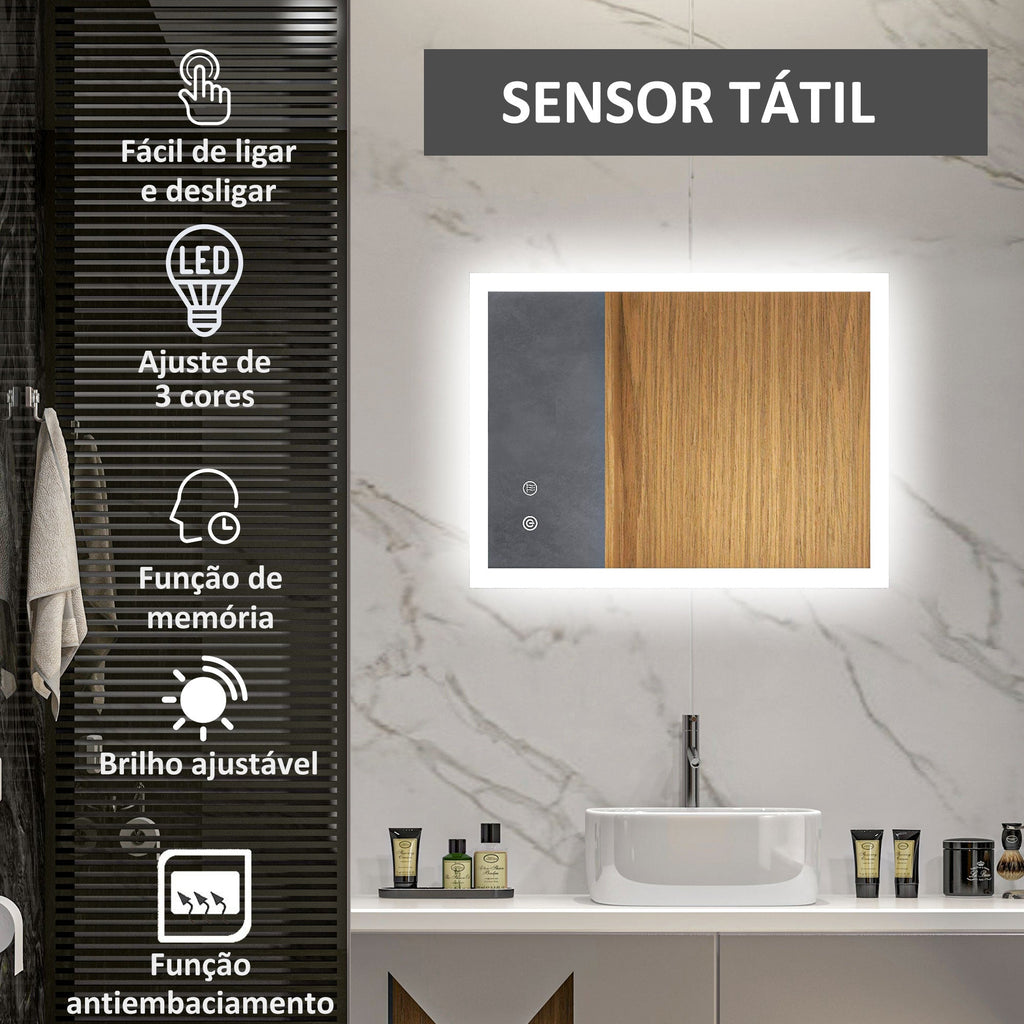 kleankin Espelho Casa de Banho com Luzes LED 70x50 cm Espelho de Parede com Função Antiembaciamento 3 Cores Função de Memória Interruptor Tátil e Classificação IP44 Horizontal ou Vertical Prata - A minha loja