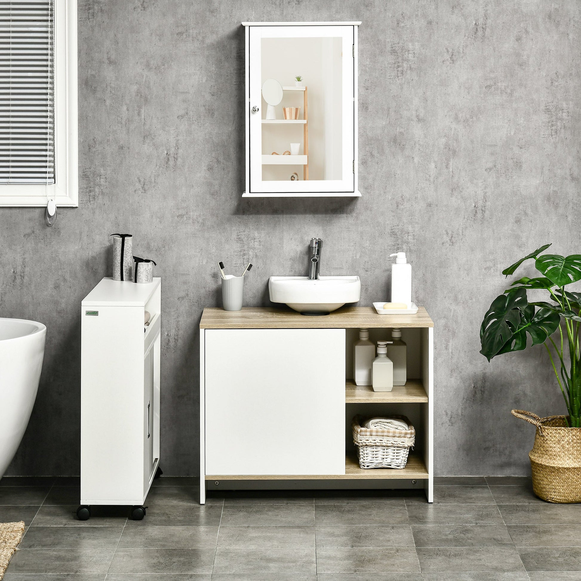 kleankin Móvel para Lavatório Pousar Móvel Casa de Banho Moderno com Prateleiras Abertas e Armário 77x45x60 cm Branco e Madeira - A minha loja