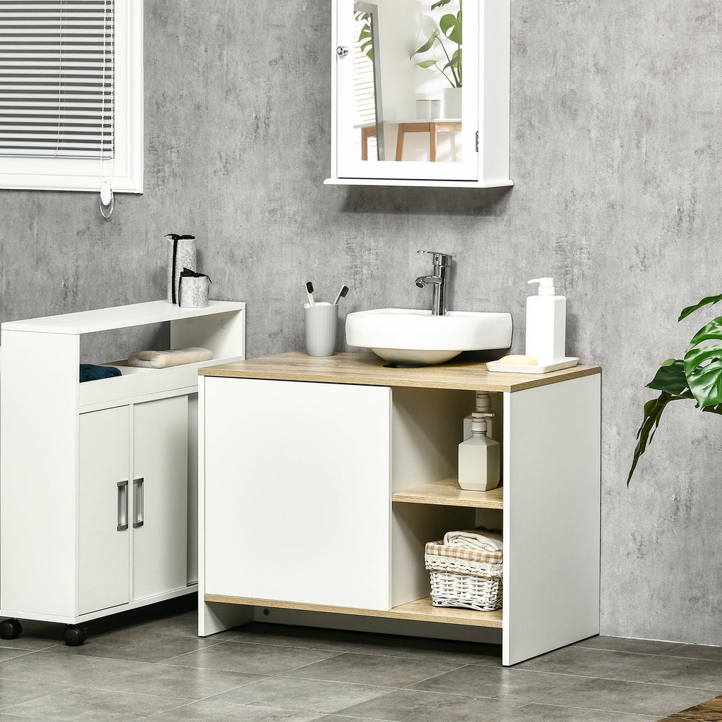 kleankin Móvel para Lavatório Pousar Móvel Casa de Banho Moderno com Prateleiras Abertas e Armário 77x45x60 cm Branco e Madeira - A minha loja