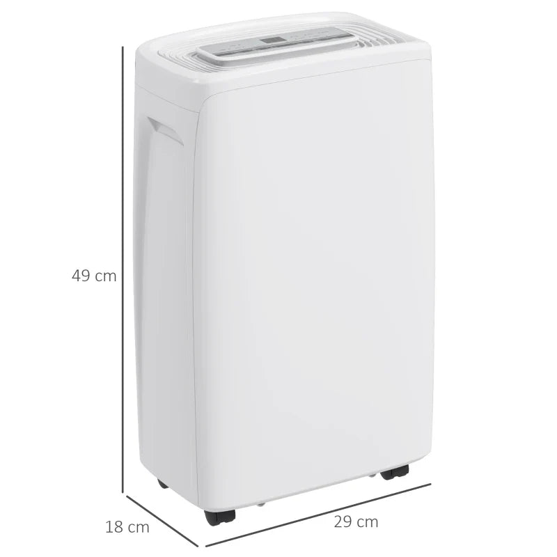 Desumidificador Elétrico 12L/Dia com 4 Modos 2 Velocidades Desligamento Automático Ecrã LED Temporizador Silencioso para Dormitório Sala de Estar Cozinha 29x18x49 cm Branco