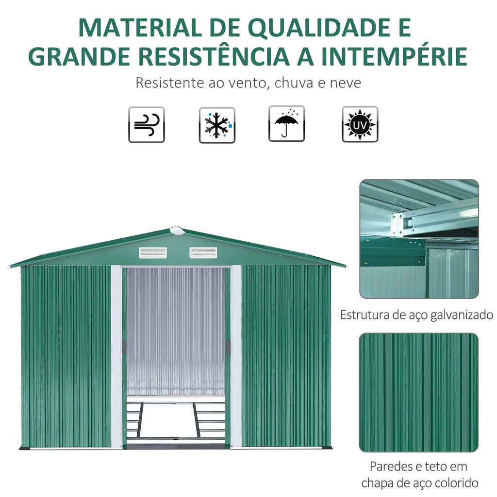 Abrigo de Jardim 258x206x178cm 5,3m² Abrigo de Aço Galvanizado com Portas de Correr e Ventilações para Armazenamento de Ferramentas Jardinagem Verde