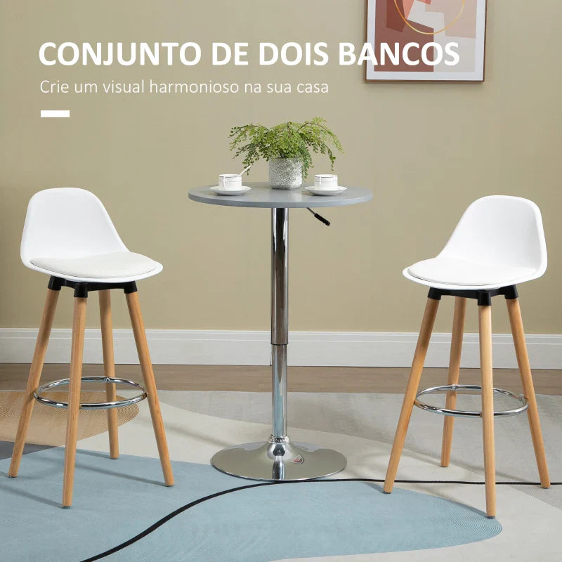 Conjunto de 2 Bancos de Bar Estofado em PU Bancos Altos de Cozinha com Assento de 69 cm e Pés de Madeira para Cozinha Sala de Jantar 38,5x42,5x91cm Branco