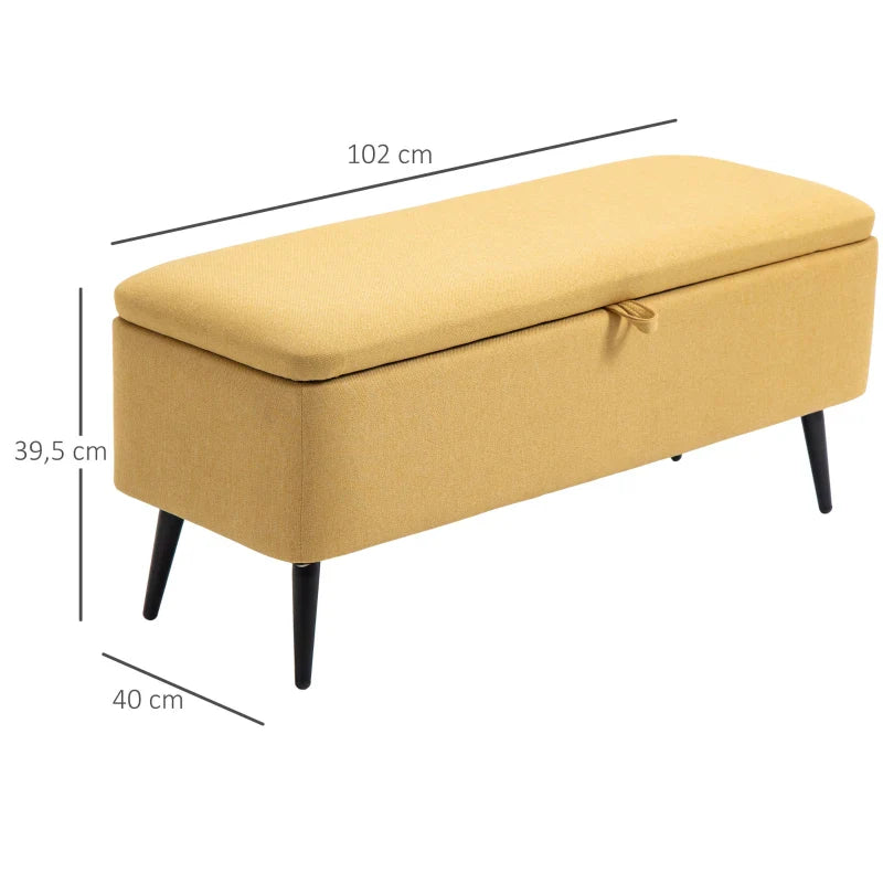 Banco de Armazenamento Estofado em Linho com Tampa Abatível e Pés de Aço para Dormitório Sala de Estar Entrada Carga Máxima 150kg 101x38,5x44,5 cm Amarelo