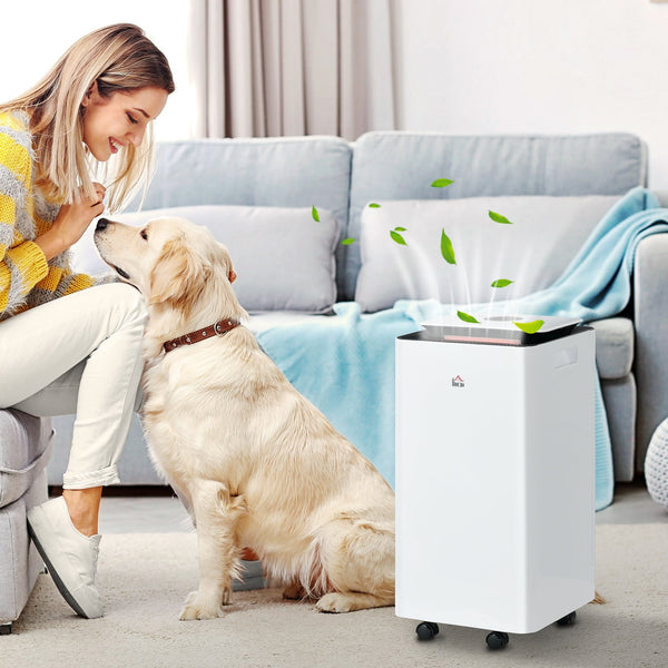 Desumidificador Elétrico 10L/dia Depósito de Água 2,5L Desumidificador de Ar Silencioso com 5 Modos 2 Velocidades Ecrã LED e Temporizador para Dormitórios Sala de Estar 25x25x50,5 cm Branco