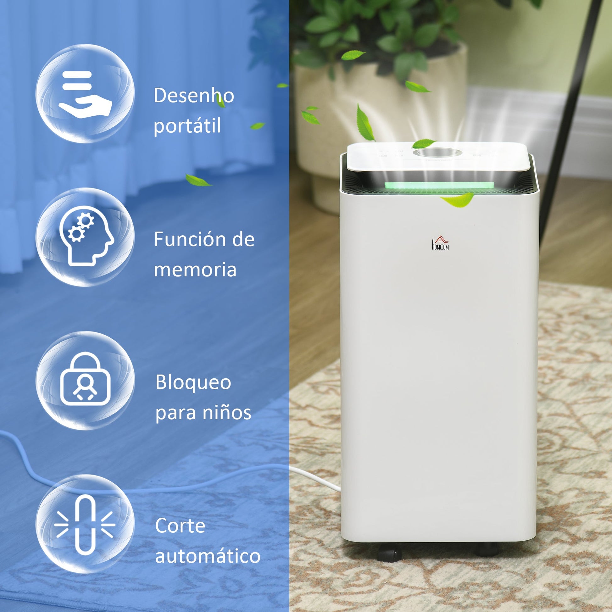 Desumidificador Elétrico 10L/dia Depósito de Água 2,5L Desumidificador de Ar Silencioso com 5 Modos 2 Velocidades Ecrã LED e Temporizador para Dormitórios Sala de Estar 25x25x50,5 cm Branco