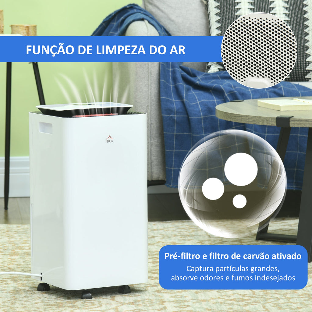Desumidificador Elétrico 10L/dia Depósito de Água 2,5L Desumidificador de Ar Silencioso com 5 Modos 2 Velocidades Ecrã LED e Temporizador para Dormitórios Sala de Estar 25x25x50,5 cm Branco