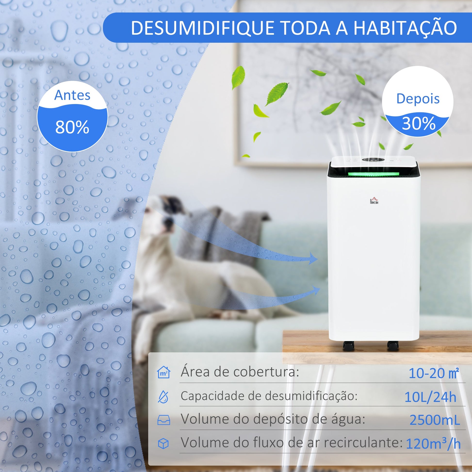 Desumidificador Elétrico 10L/dia Depósito de Água 2,5L Desumidificador de Ar Silencioso com 5 Modos 2 Velocidades Ecrã LED e Temporizador para Dormitórios Sala de Estar 25x25x50,5 cm Branco