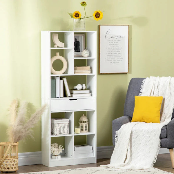 Estante de Madeira Estante para Livros com 1 Gaveta e 9 Compartimentos de Armazenamento Livraria para Sala de Estar Escritório Estúdio 60x26x158cm Branco