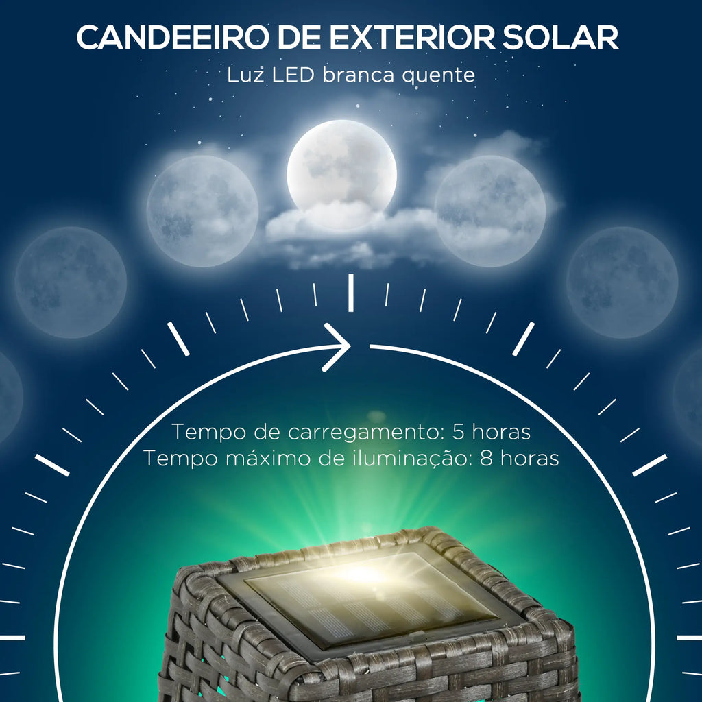 Candeeiro Solar de Jardim em Vime Sintético – 21x21x78 cm – Cinza – Luz LED Quente com Ligar/Desligar Automático