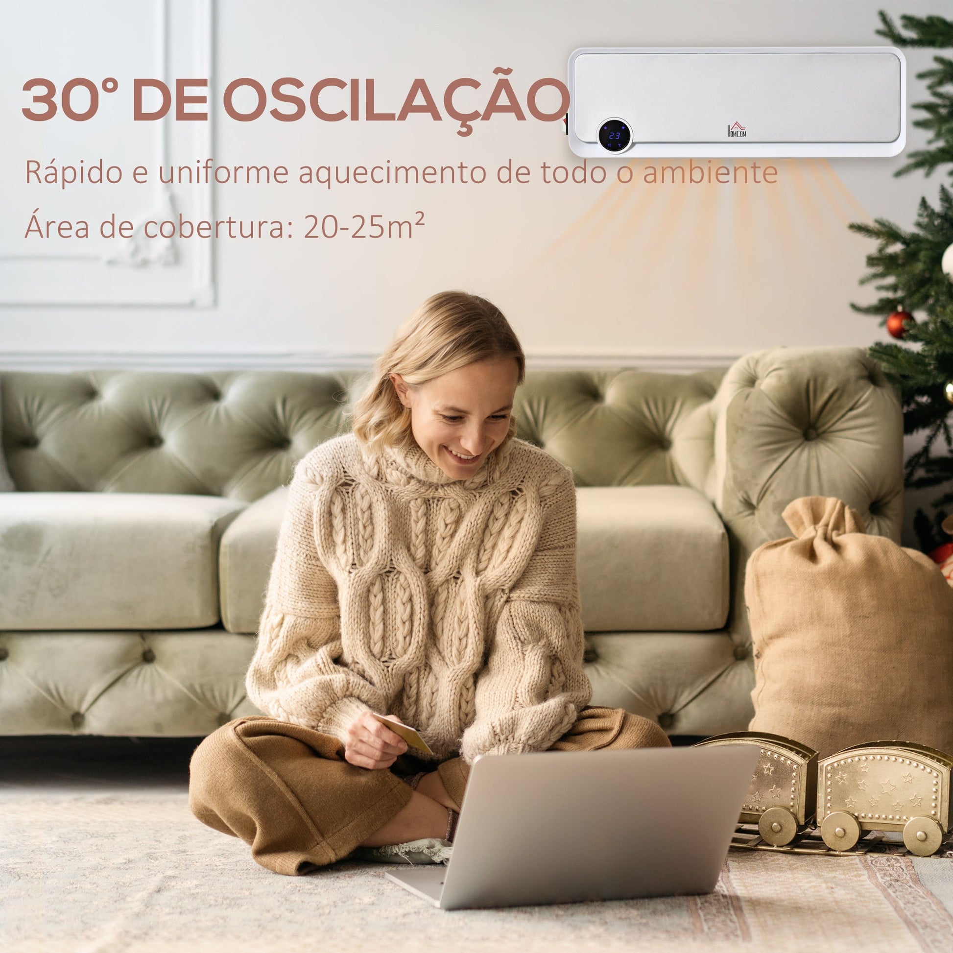 Aquecedor Cerâmico de Parede 1000W/2000W com Controle Remoto Tela LED Temporizador de 12h Termostato e Proteção contra Superaquecimento 56x18,5x11,7cm Branco