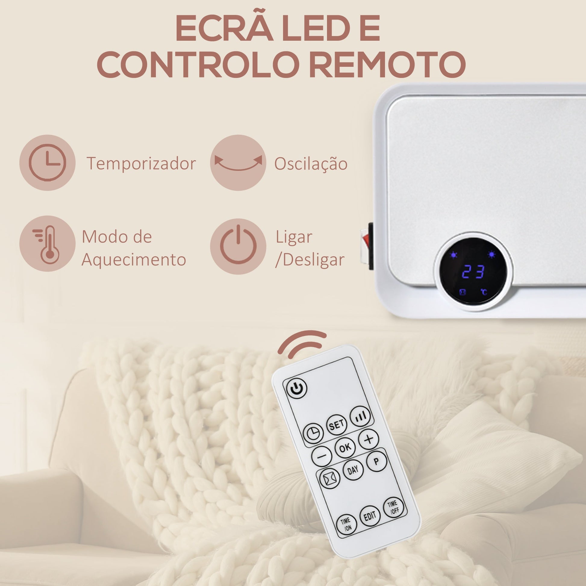 Aquecedor Cerâmico de Parede 1000W/2000W com Controle Remoto Tela LED Temporizador de 12h Termostato e Proteção contra Superaquecimento 56x18,5x11,7cm Branco