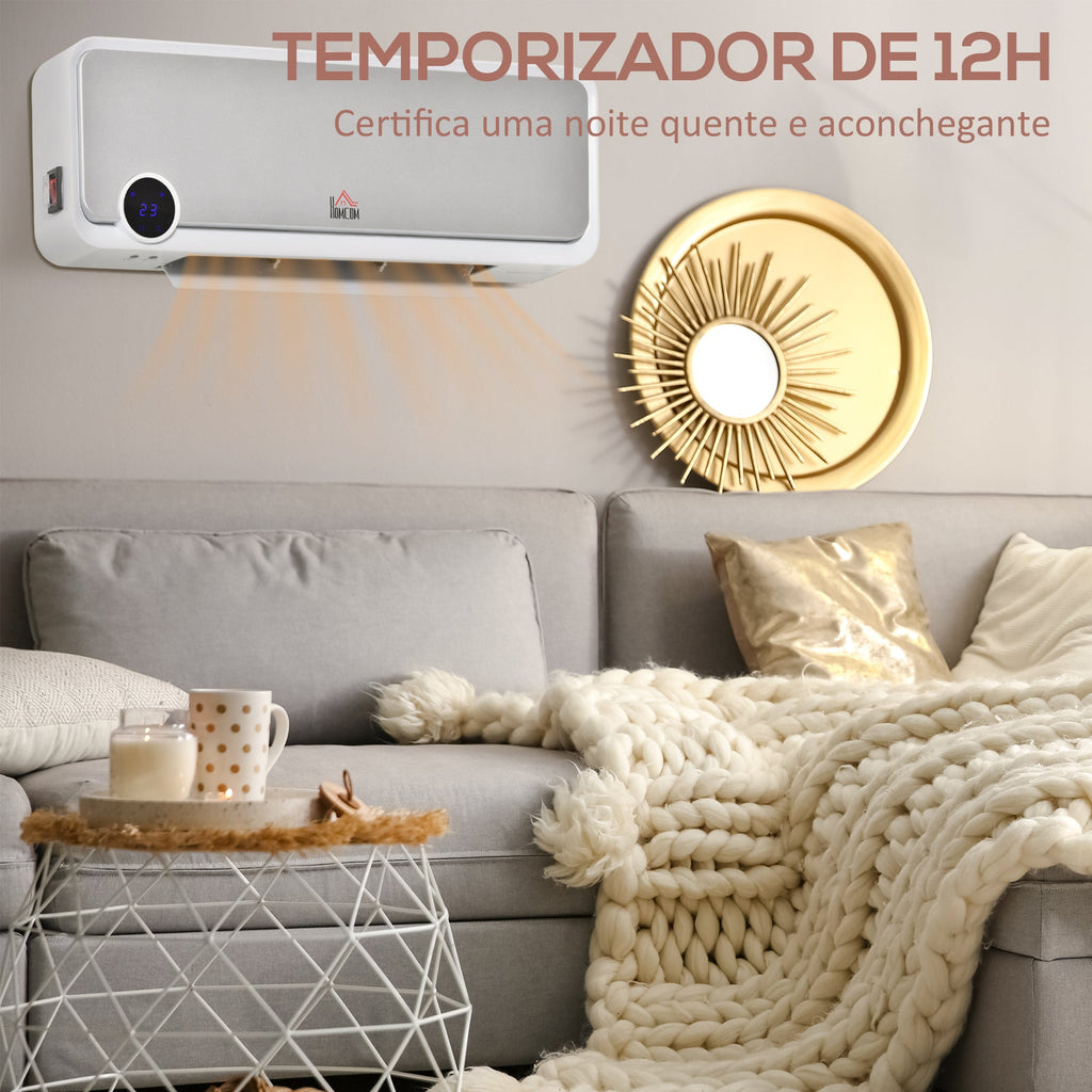 Aquecedor Cerâmico de Parede 1000W/2000W com Controle Remoto Tela LED Temporizador de 12h Termostato e Proteção contra Superaquecimento 56x18,5x11,7cm Branco