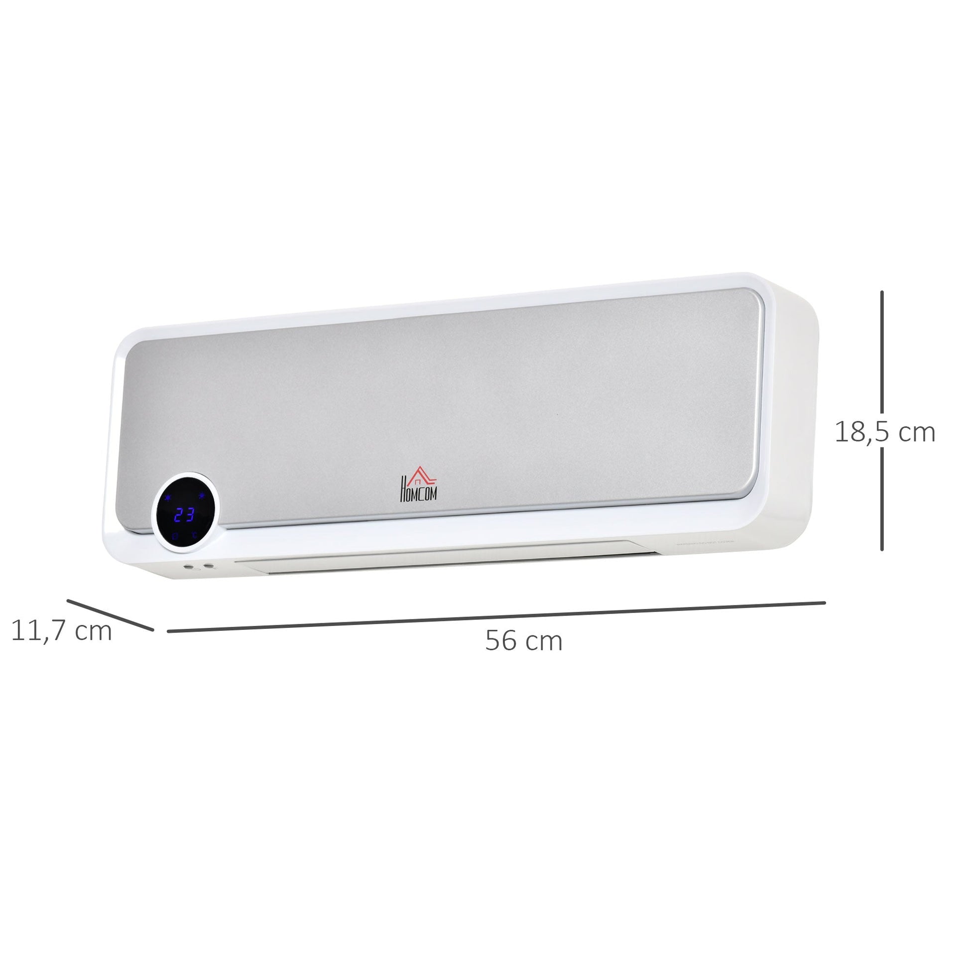 Aquecedor Cerâmico de Parede 1000W/2000W com Controle Remoto Tela LED Temporizador de 12h Termostato e Proteção contra Superaquecimento 56x18,5x11,7cm Branco