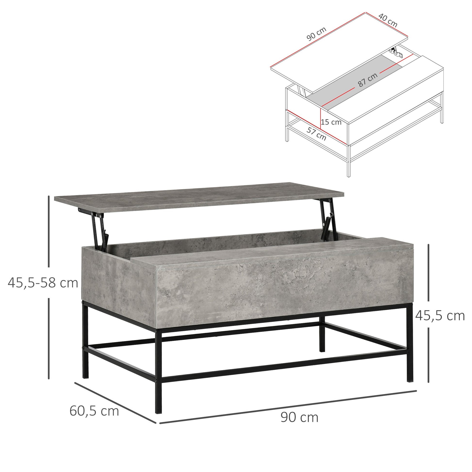 Mesa de Centro Elevável Mesa de Café Versátil com Armazenamento Oculto Pés de Metal para Sala de Estar Sala de Jantar 90x60,5x45,5 cm Cinzento e Preto
